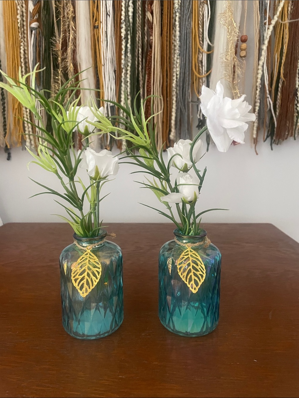 White Floral Stem in Aqua blue  Glass Vase - Decorative Home Accent